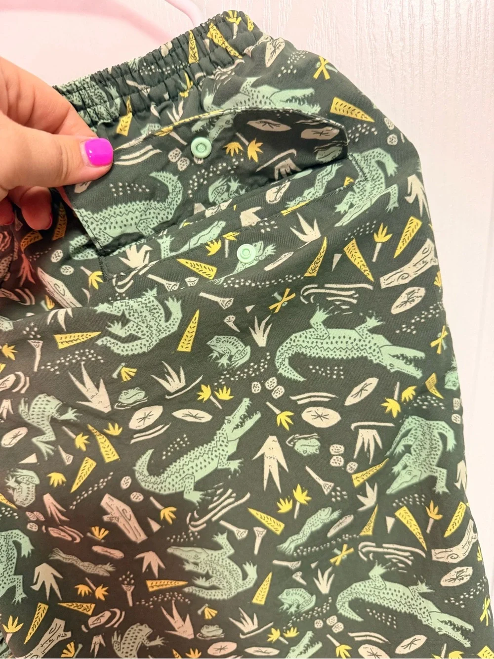 Patagonia Olive Green Swim Trunks with Yellow & Cream Print